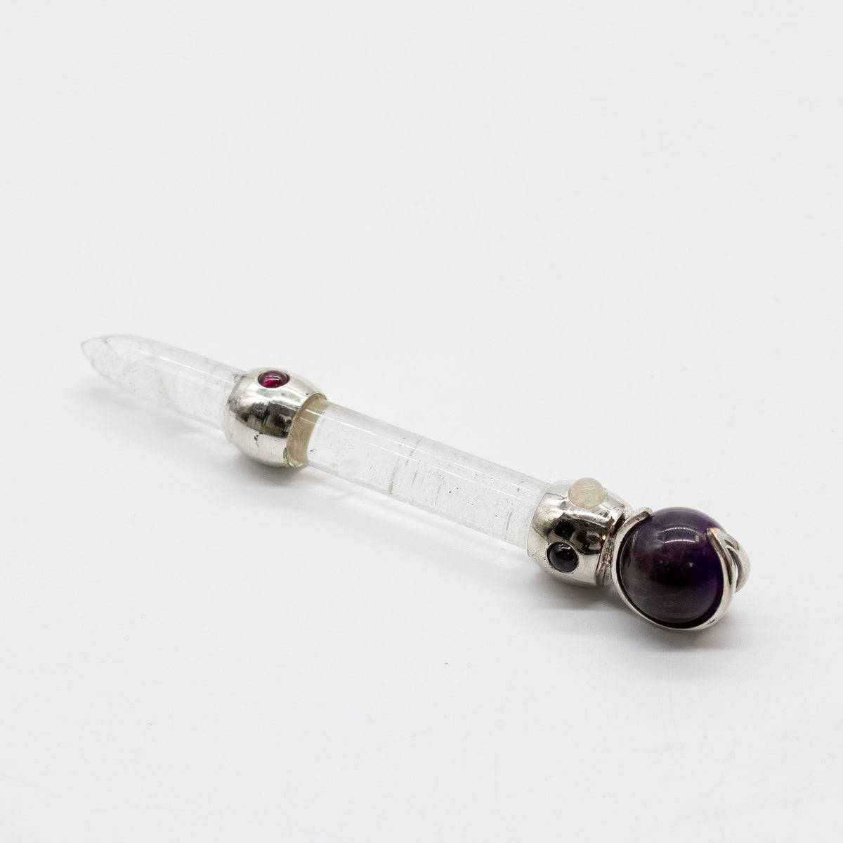 Axis of Grace Wand - Amethyst & Rose Quartz Spheres, Quartz Stem - 12cm