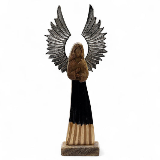 Large Mango Wood Guardian Angel Metal Wings & Enamel Detail