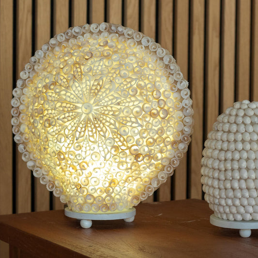 Boho Sea Shell Lamp Large Round – natural cut-art shell lamp with warm ambient glow for coastal and boho home décor UK