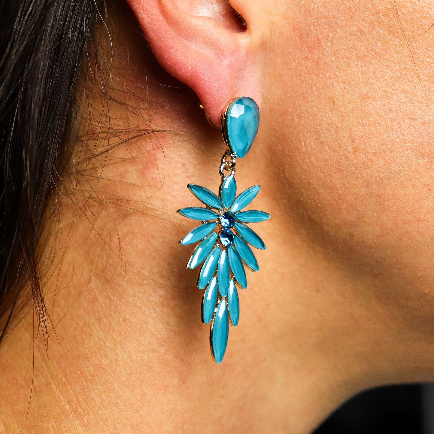 Vintage Glass Earrings Teal Green Long Drop