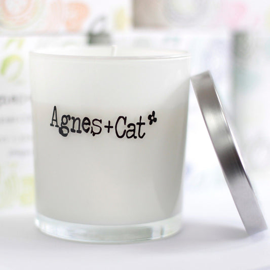 Agnes + Cat Dolly Blue Votive Candle – soft powdery floral soy candle in glass jar