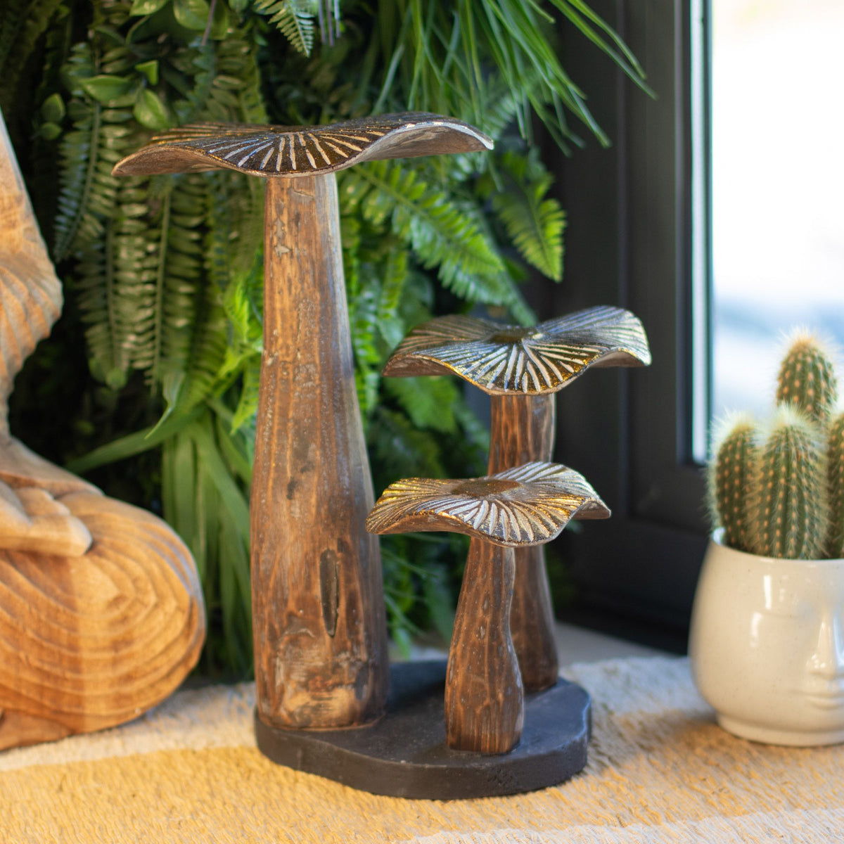 Large golden mushroom wooden sculpture with natural wood grain and gold caps 32cm UK