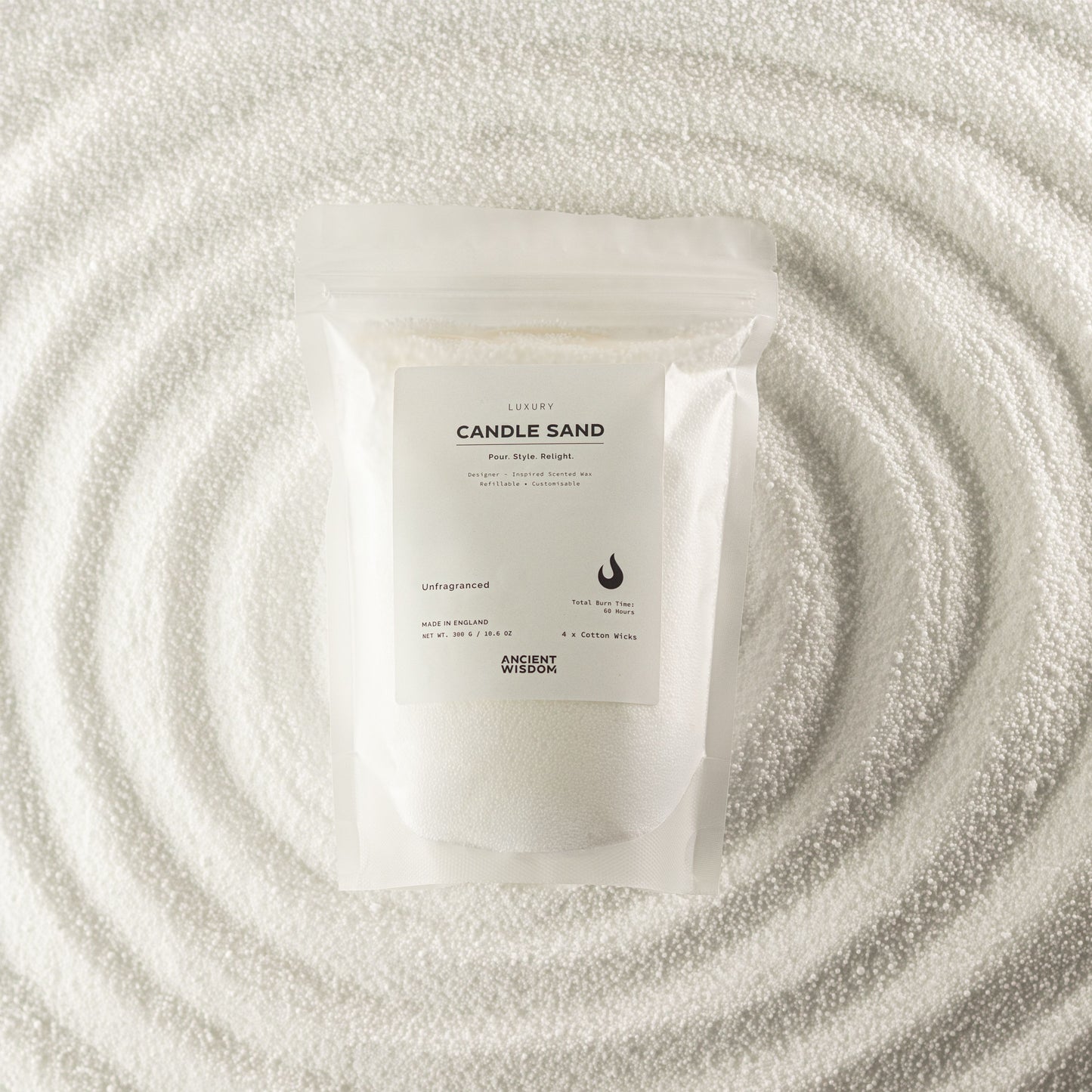 White unfragranced candle sand with four cotton wicks