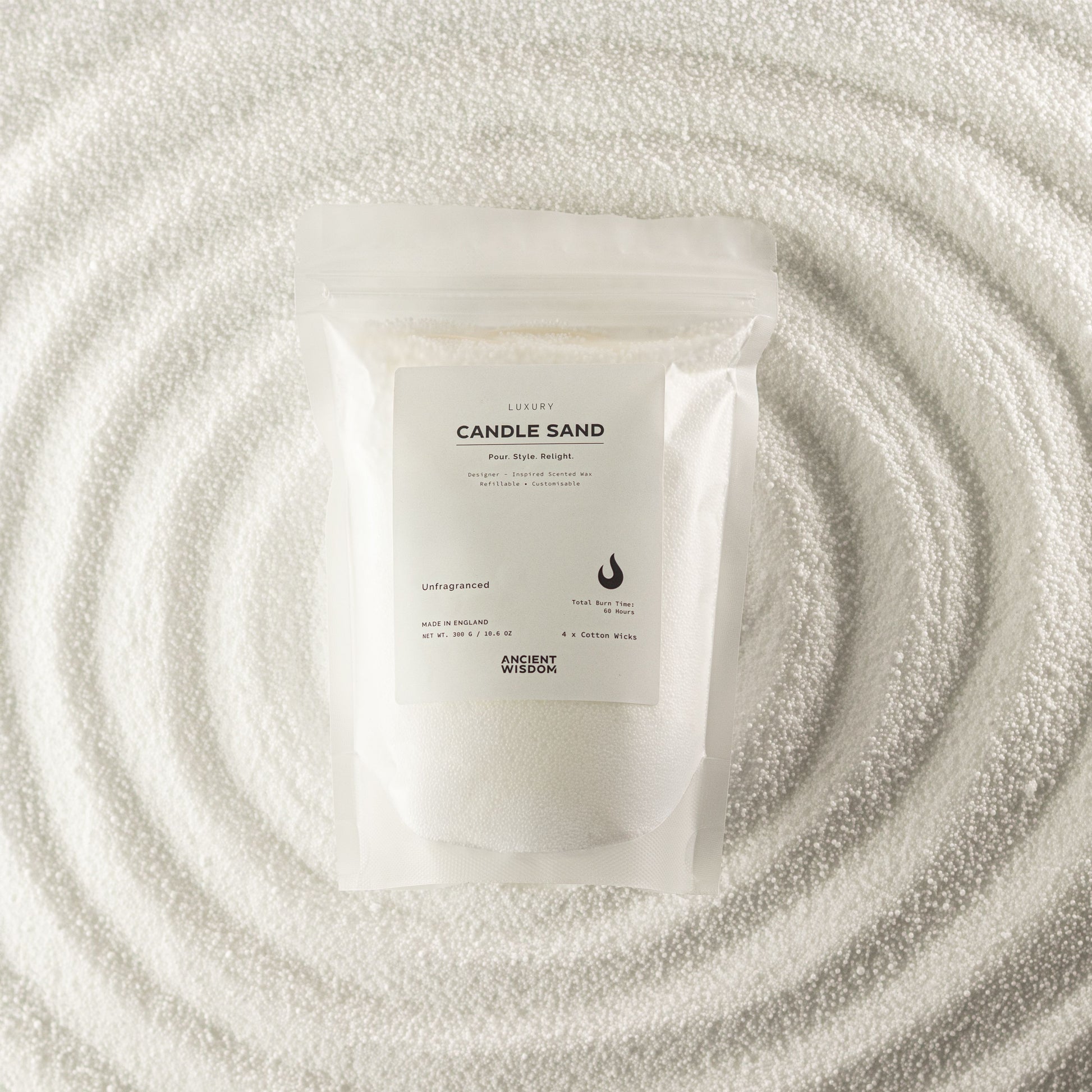White unfragranced candle sand with four cotton wicks