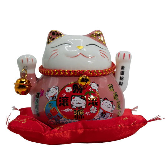 Ceramic money cat moving hand pink on cushion Maneki Neko for love and continuous energy