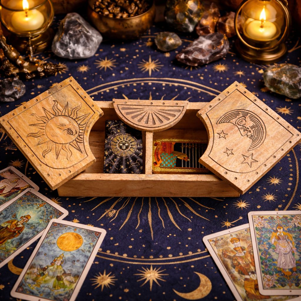 Sun and moon carved mango wood sliding box with celestial star details and two divided internal compartments