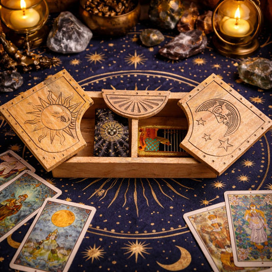 Sun and moon carved mango wood sliding box with celestial star details and two divided internal compartments