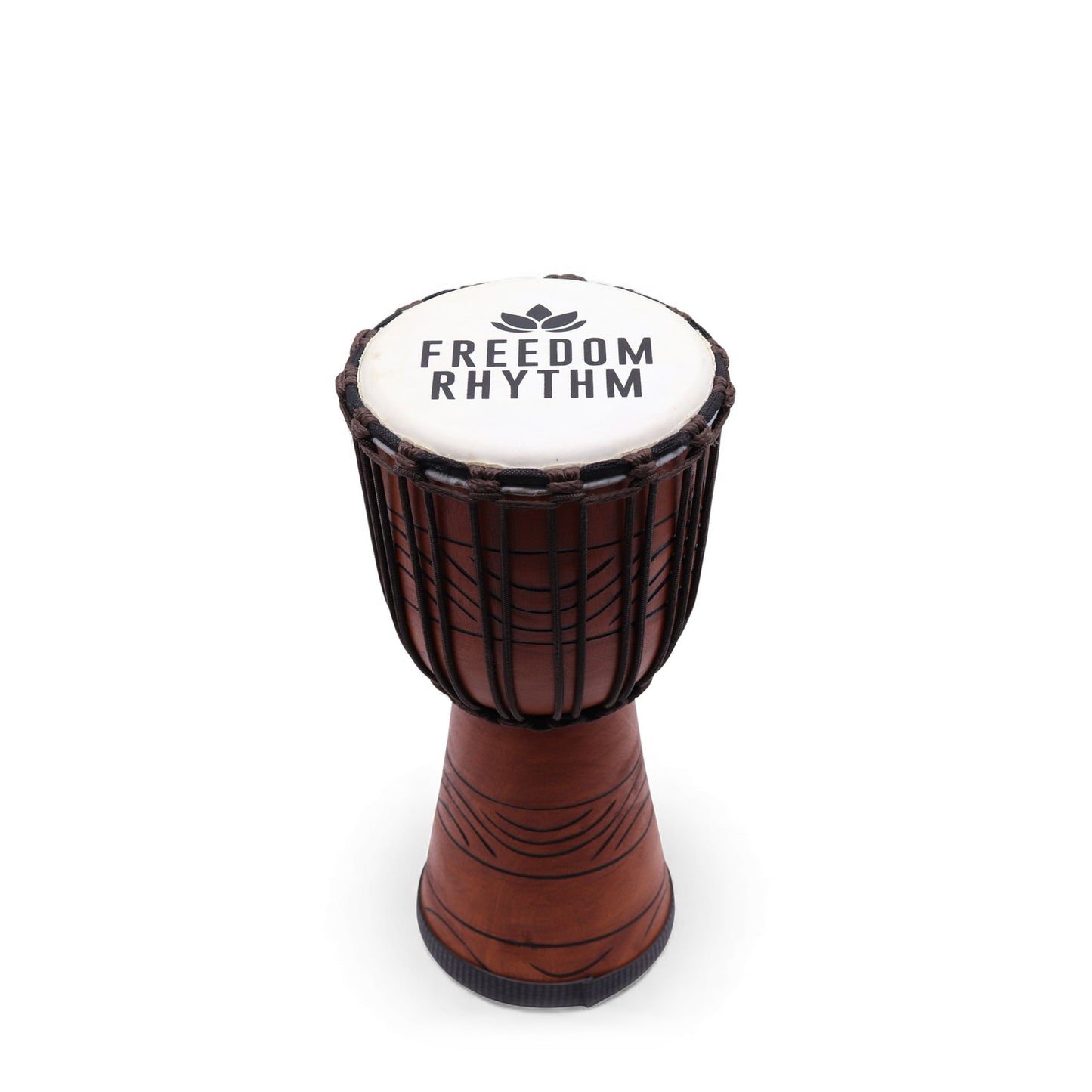 Medium Freedom Rhythm djembe drum 40cm with dark brown carved jackfruit wood body, black rope tuning and white natural skin head