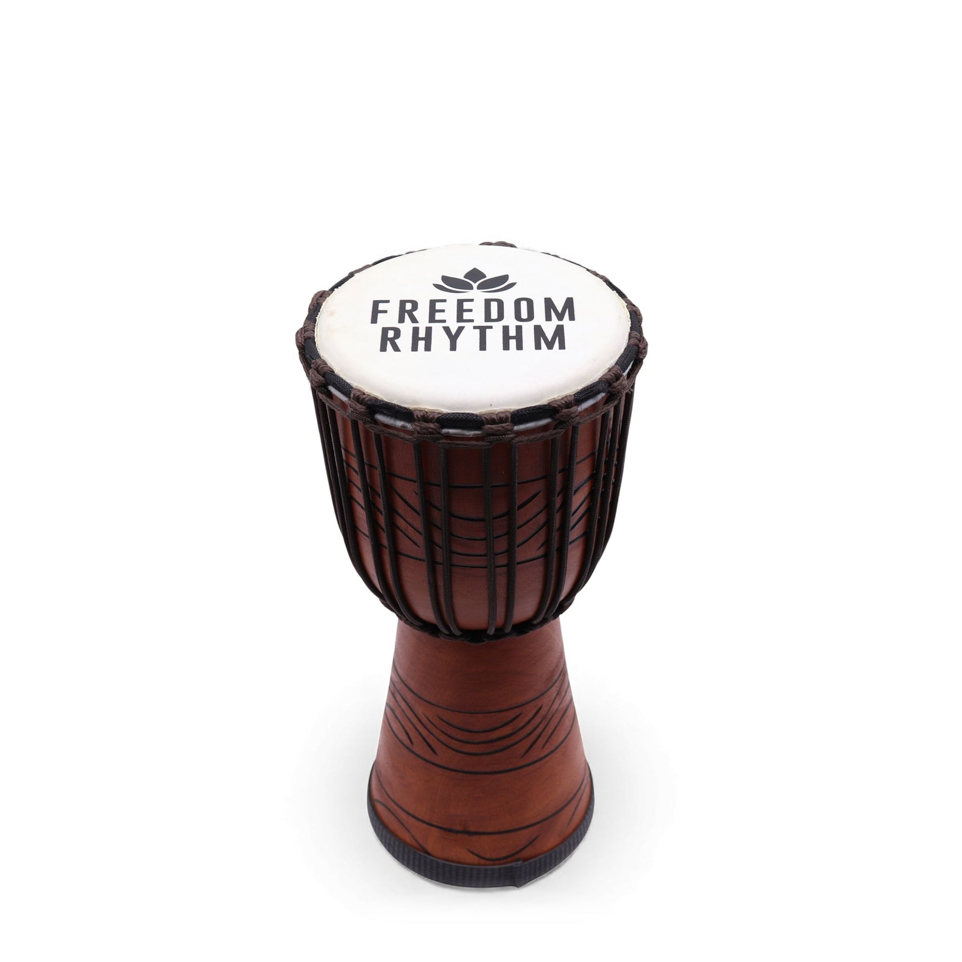 Medium Freedom Rhythm djembe drum 40cm with dark brown carved jackfruit wood body, black rope tuning and white natural skin head