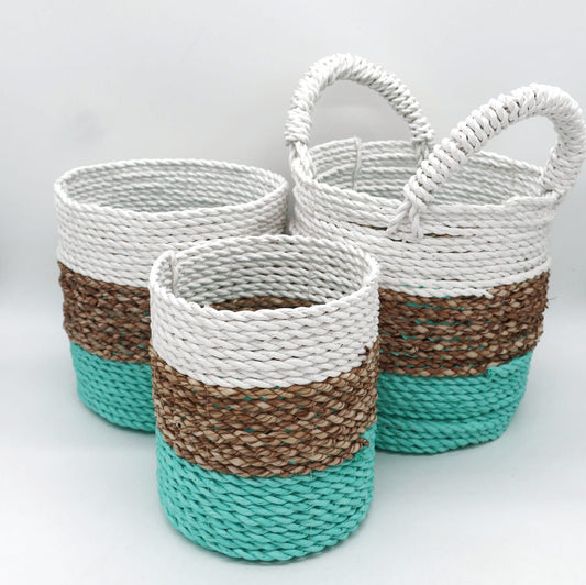 Seagrass basket set green & natural white – woven eco-friendly storage baskets for boho home organisation