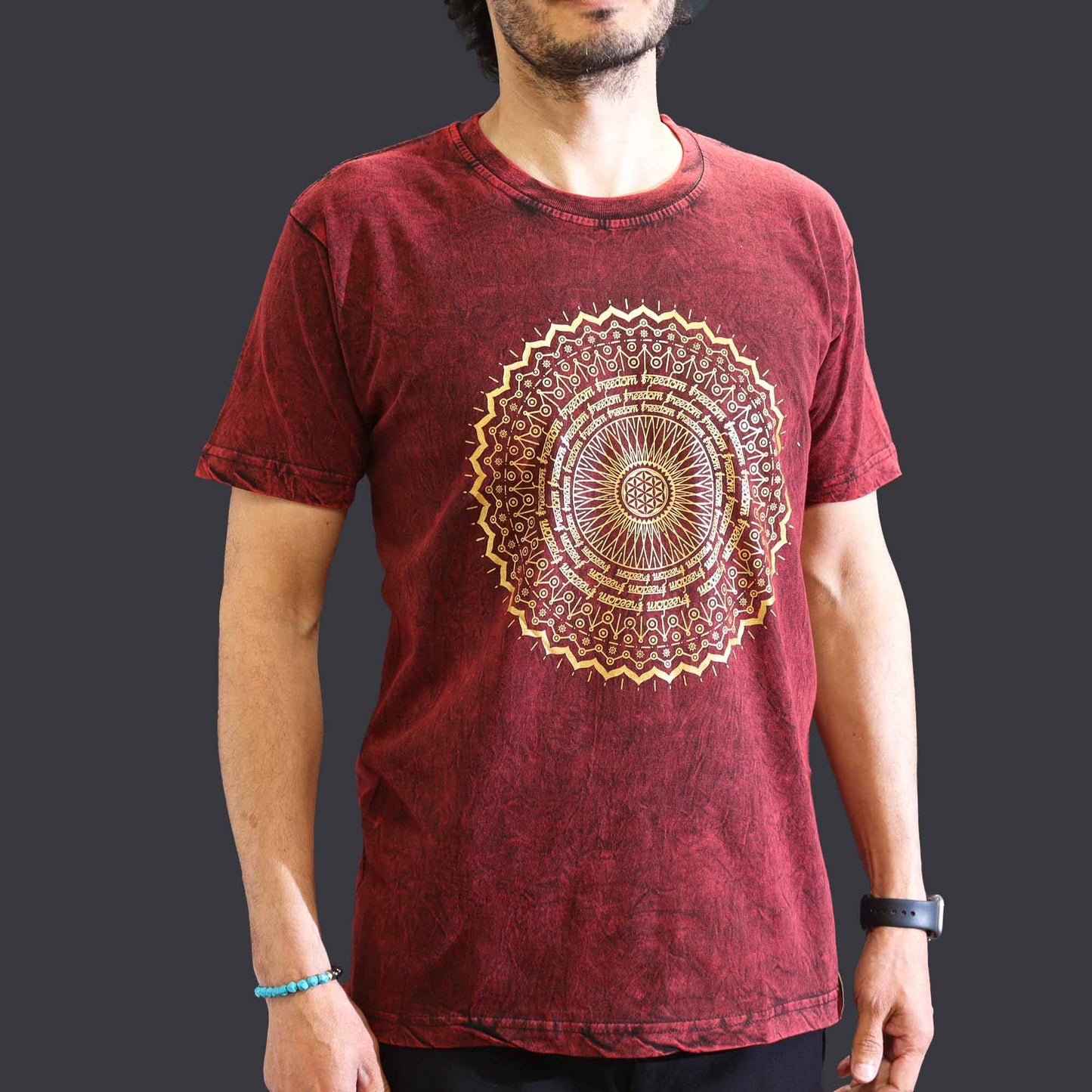 Medium stone washed maroon mandala spiritual t-shirt