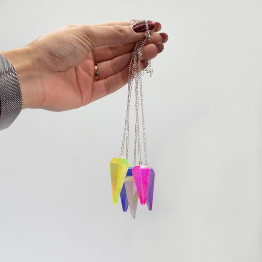 Six Sided Pendulum Aurora Crystal Angel White - 4cm iridescent white crystal pendulum with silver chain for divination