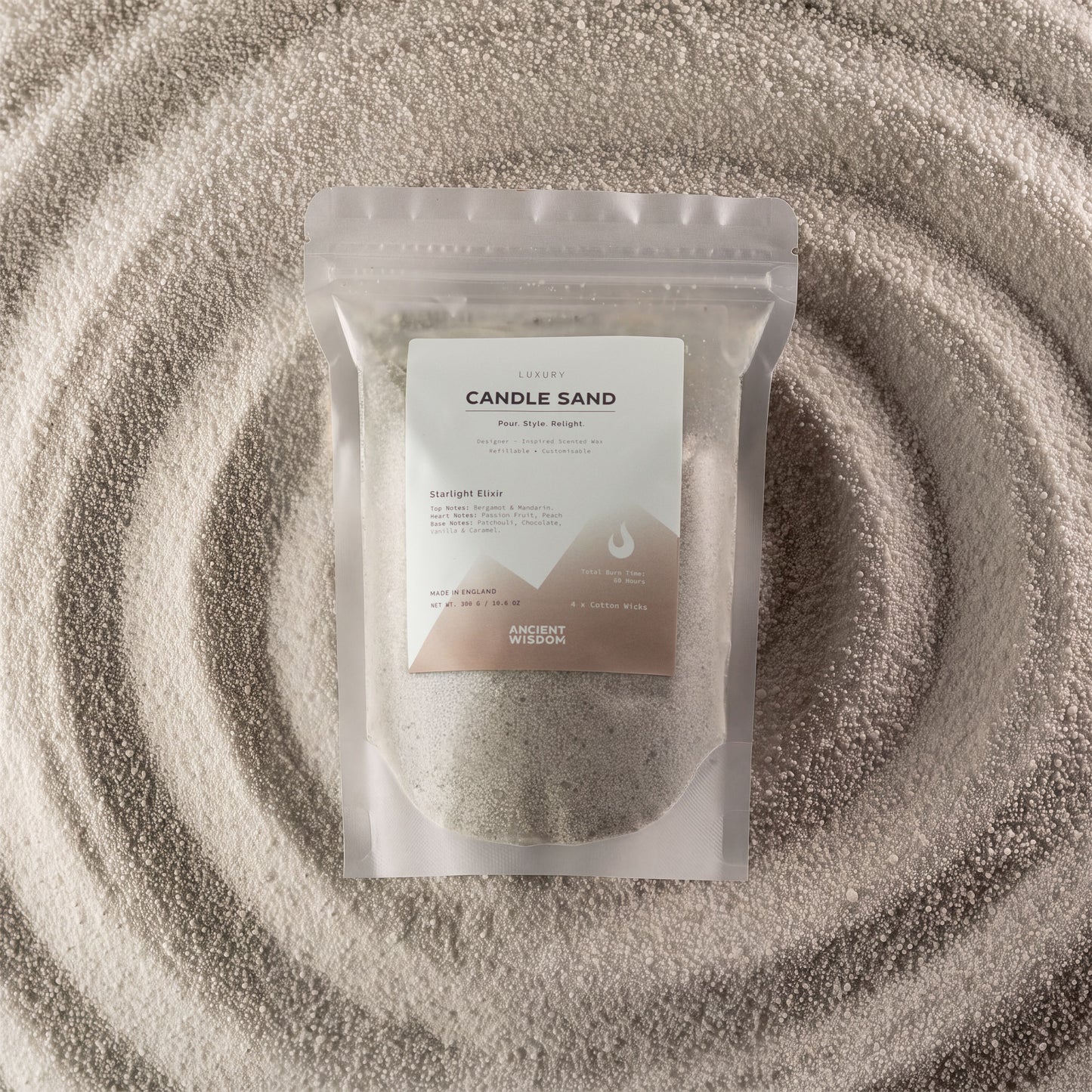 White Starlight Elixir fragranced candle sand with four cotton wicks
