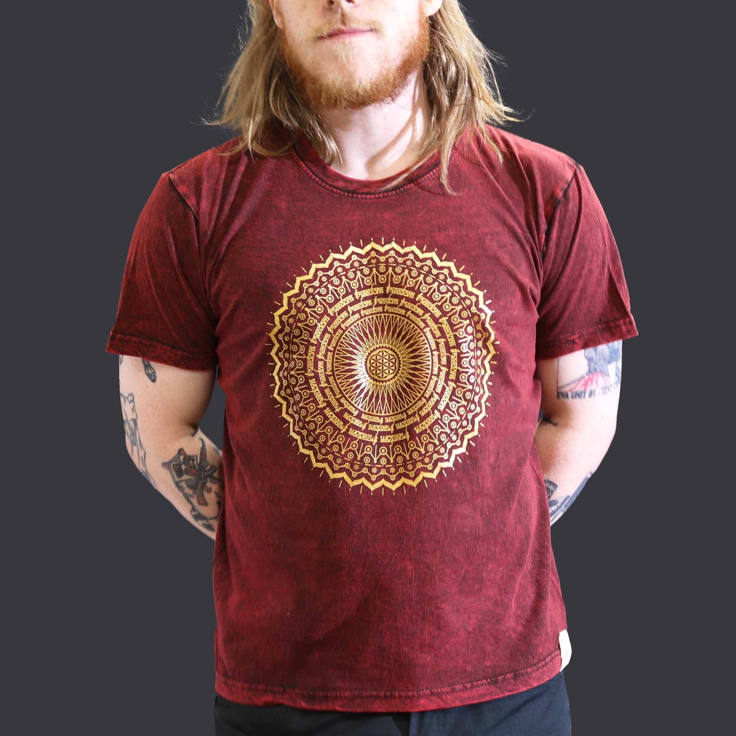 Large stone washed maroon mandala spiritual t-shirt