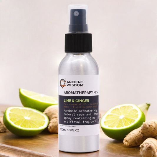 Lime and Ginger Essential Oil Mist 100ml aromatherapy room and linen spray with zesty citrus and warm spicy fragrance UK