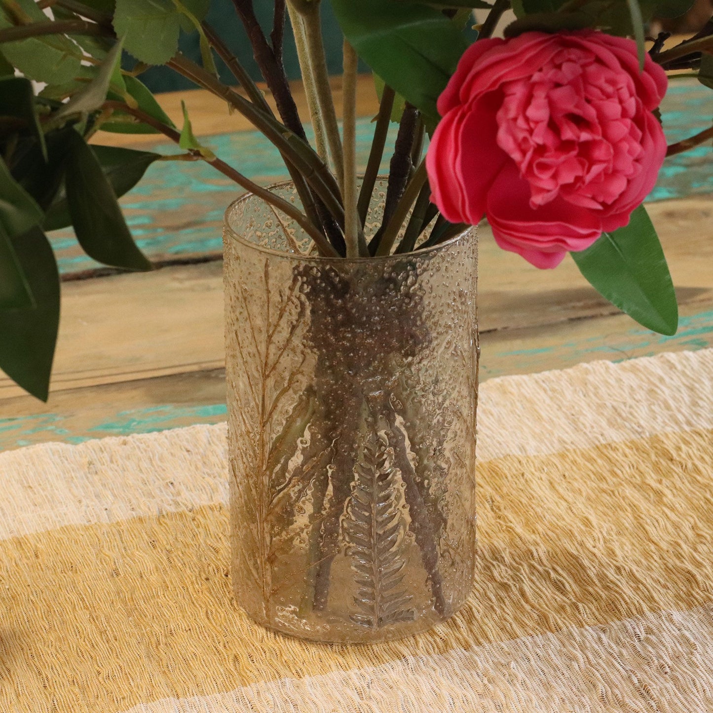 Pino tall recycled glass vase candle holder with genuine pressed greenery