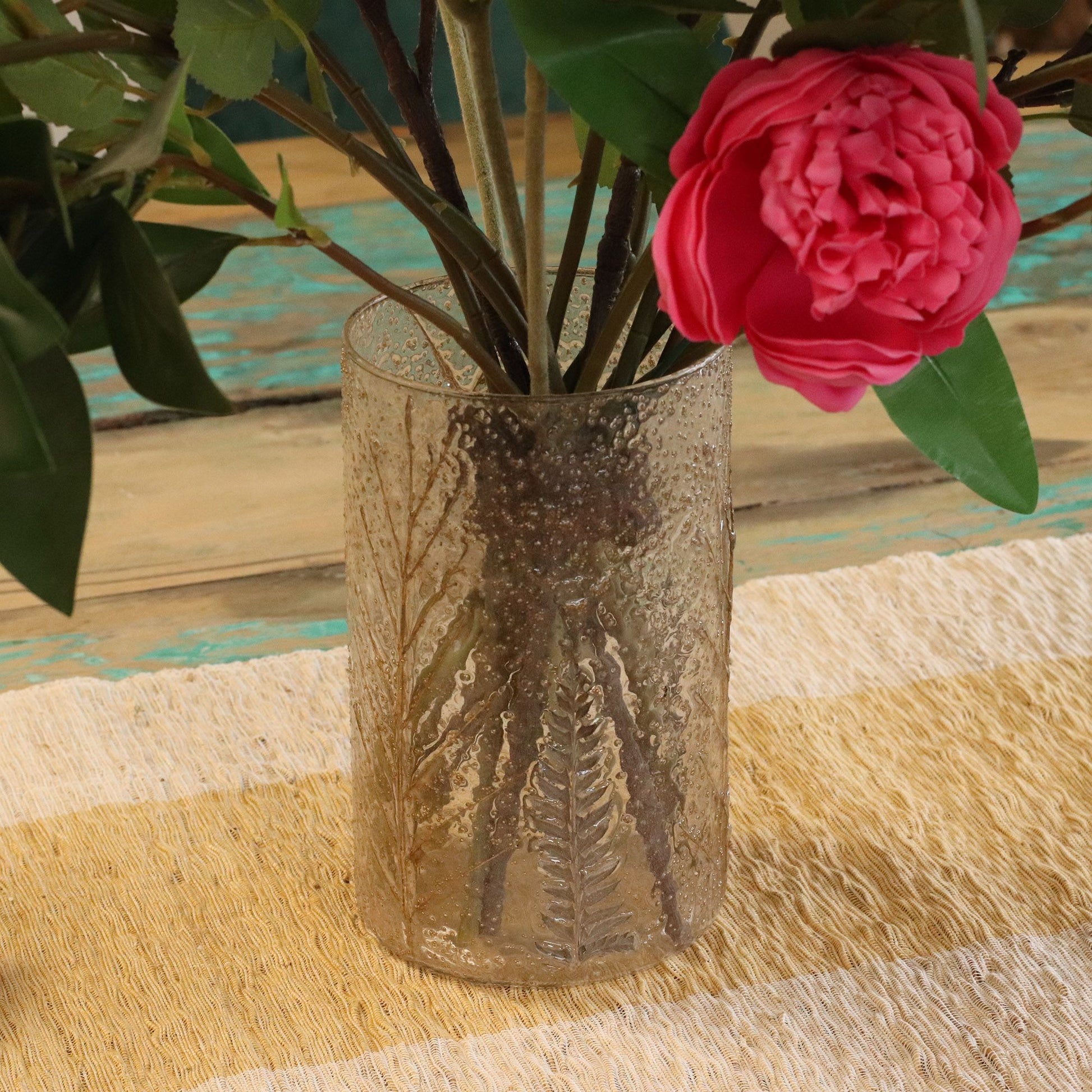 Pino tall recycled glass vase candle holder with genuine pressed greenery