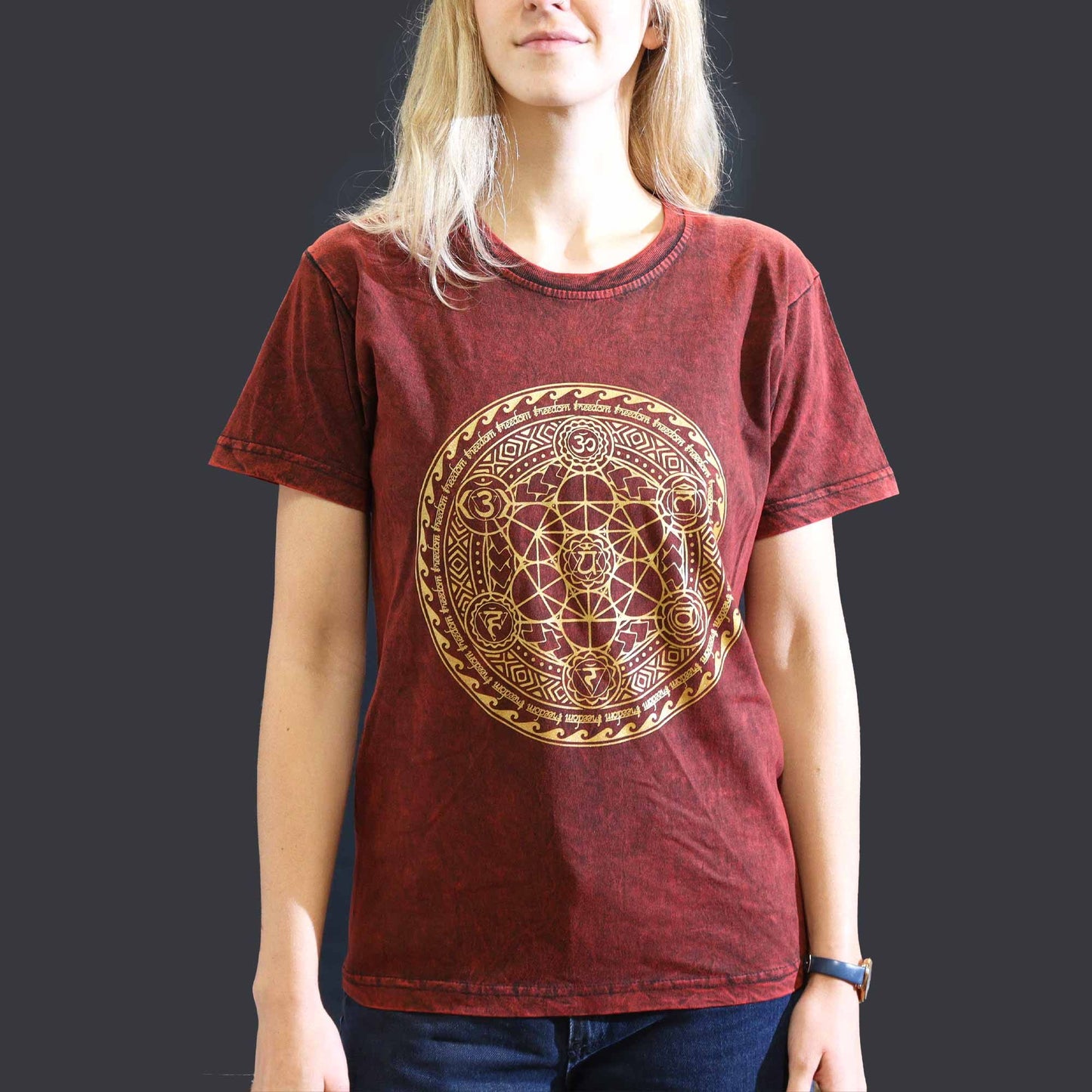 Small stone washed maroon chakra spiritual t-shirt