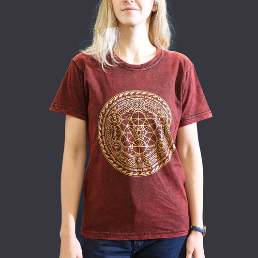 Small stone washed maroon chakra spiritual t-shirt