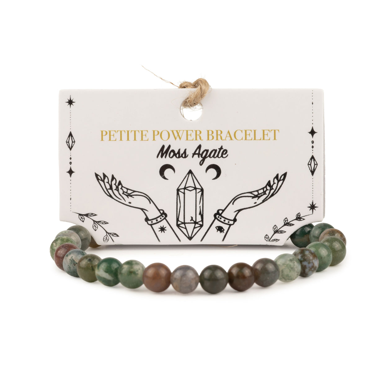 Petite Moss Agate Power Bracelet with polished 6mm green and brown gemstone beads, natural moss patterns and 17cm stretch fit UK