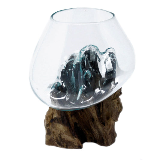 Large molten glass bowl shaped over natural gamal wood base for plants crystals and statement home décor UK
