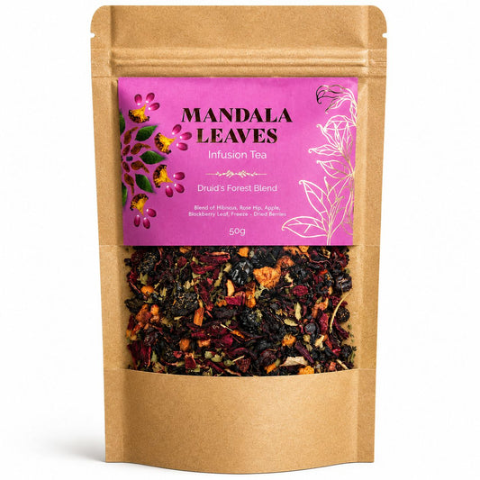 Druid’s Forest fruit tea blend 50g kraft bag with hibiscus, rose hip, cherry and mixed forest berries