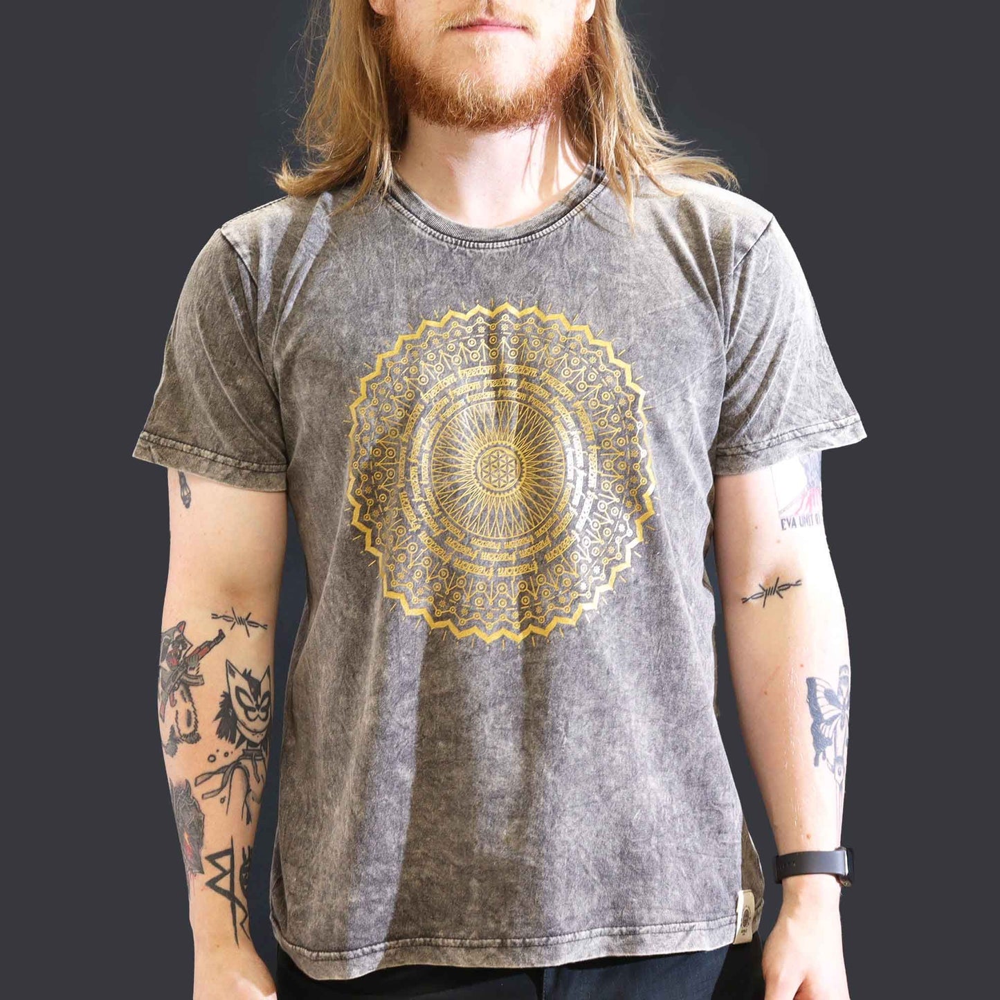 Large stone washed dark grey mandala spiritual t-shirt