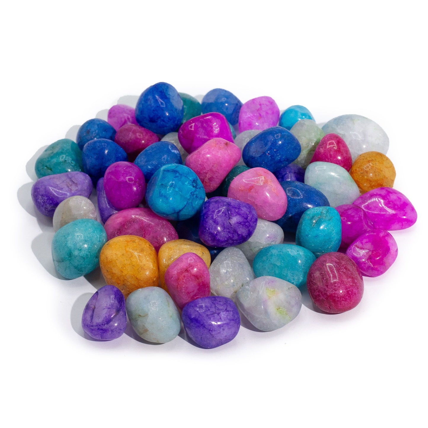 Mixed Crackle Quartz medium tumblestones in bright blue pink purple teal and yellow colours in a 1kg bulk selection