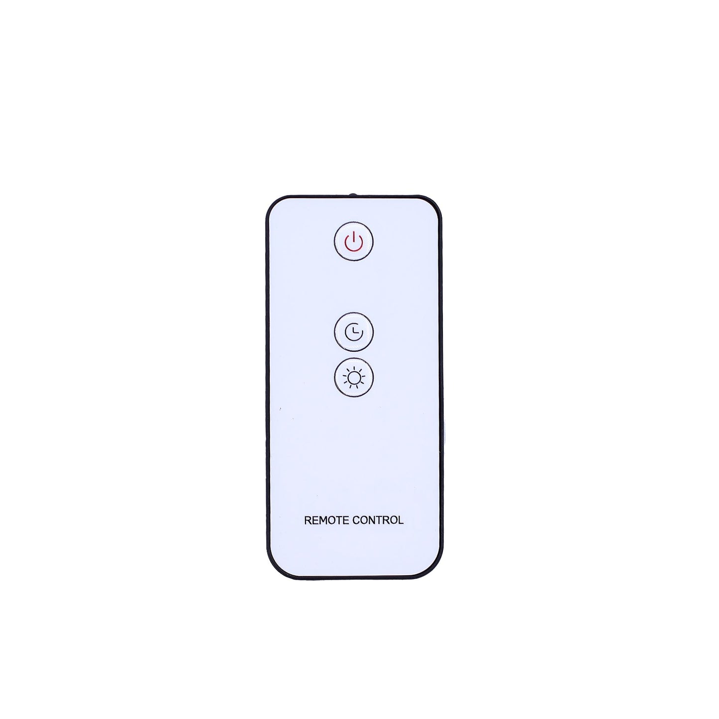 White rectangular remote control displays three round buttons: power icon at top, clock icon middle, brightness icon below; labeled REMOTE CONTROL against a white background.
