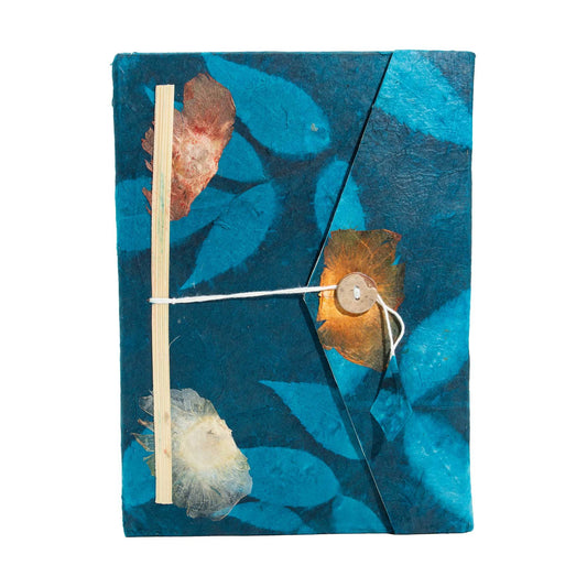 Bold Floral Lokta Journal large midnight blue handmade paper with floral cover and bookmark
