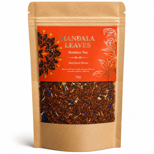 Red Bush Relax rooibos tea 50g kraft bag with apple, lavender, orange blossom and colourful botanicals