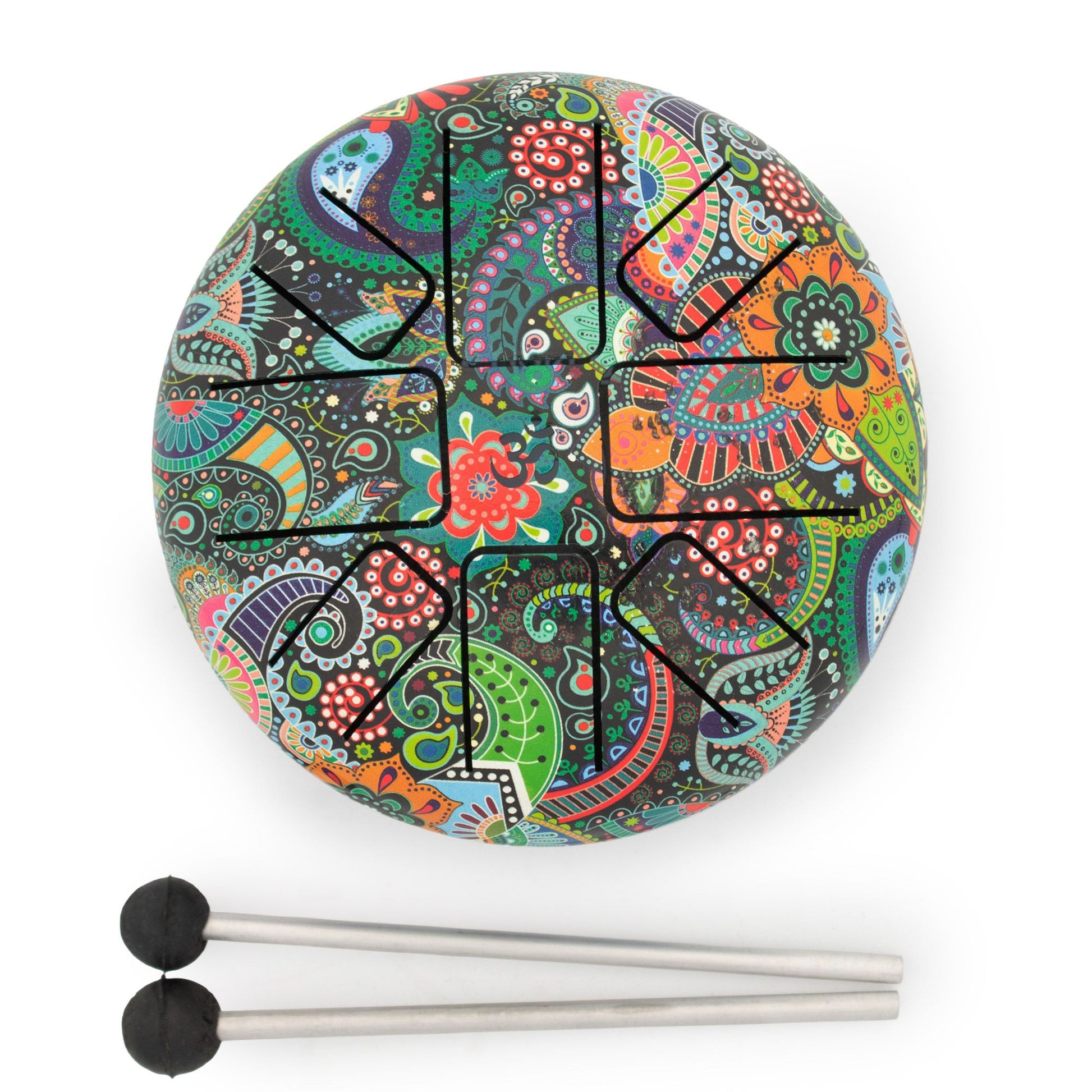 Low-medium Mandala Leaf HAPI steel tongue drum with colourful paisley pattern, two rubber-tipped mallets and padded woven carry bag