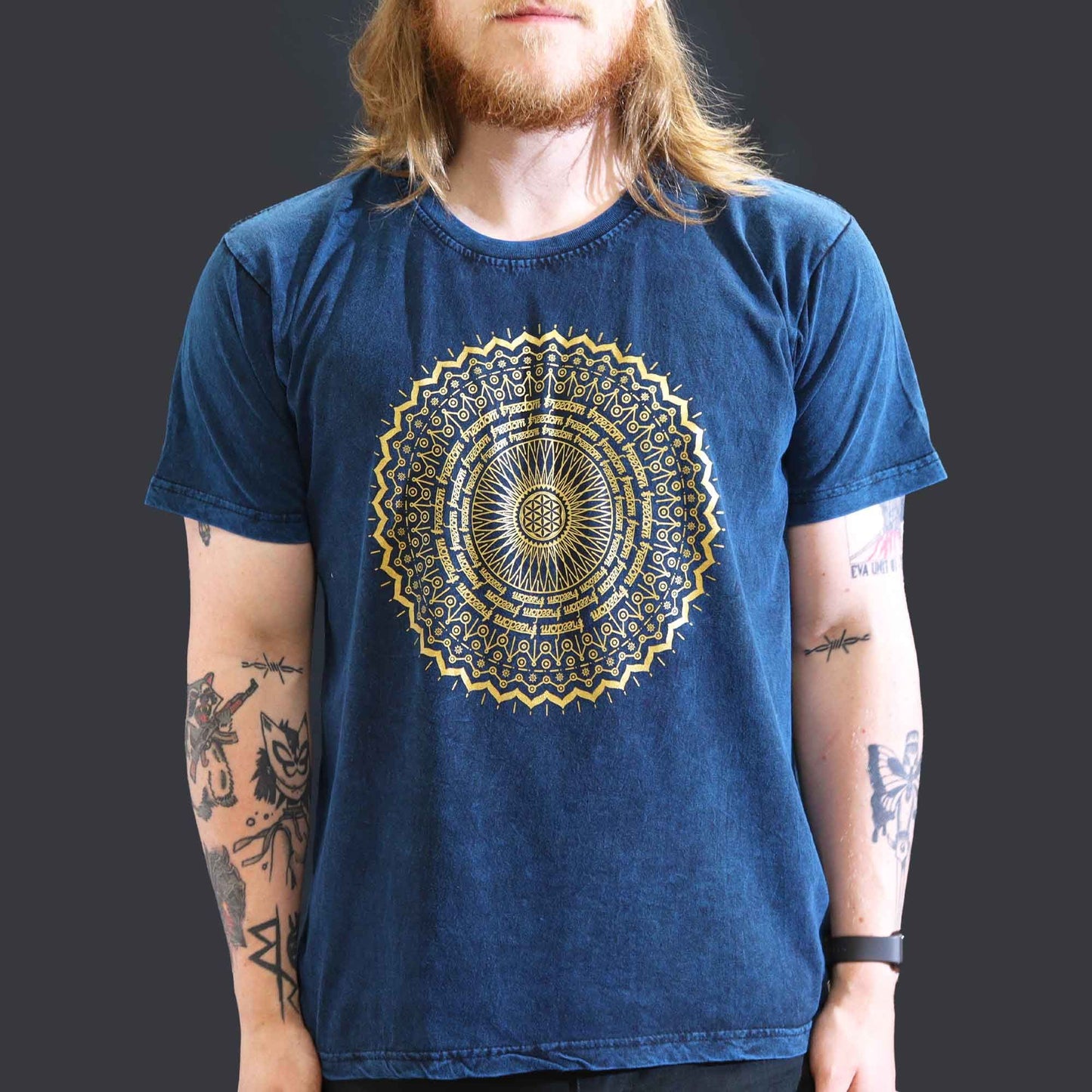 Large stone washed blue mandala spiritual t-shirt