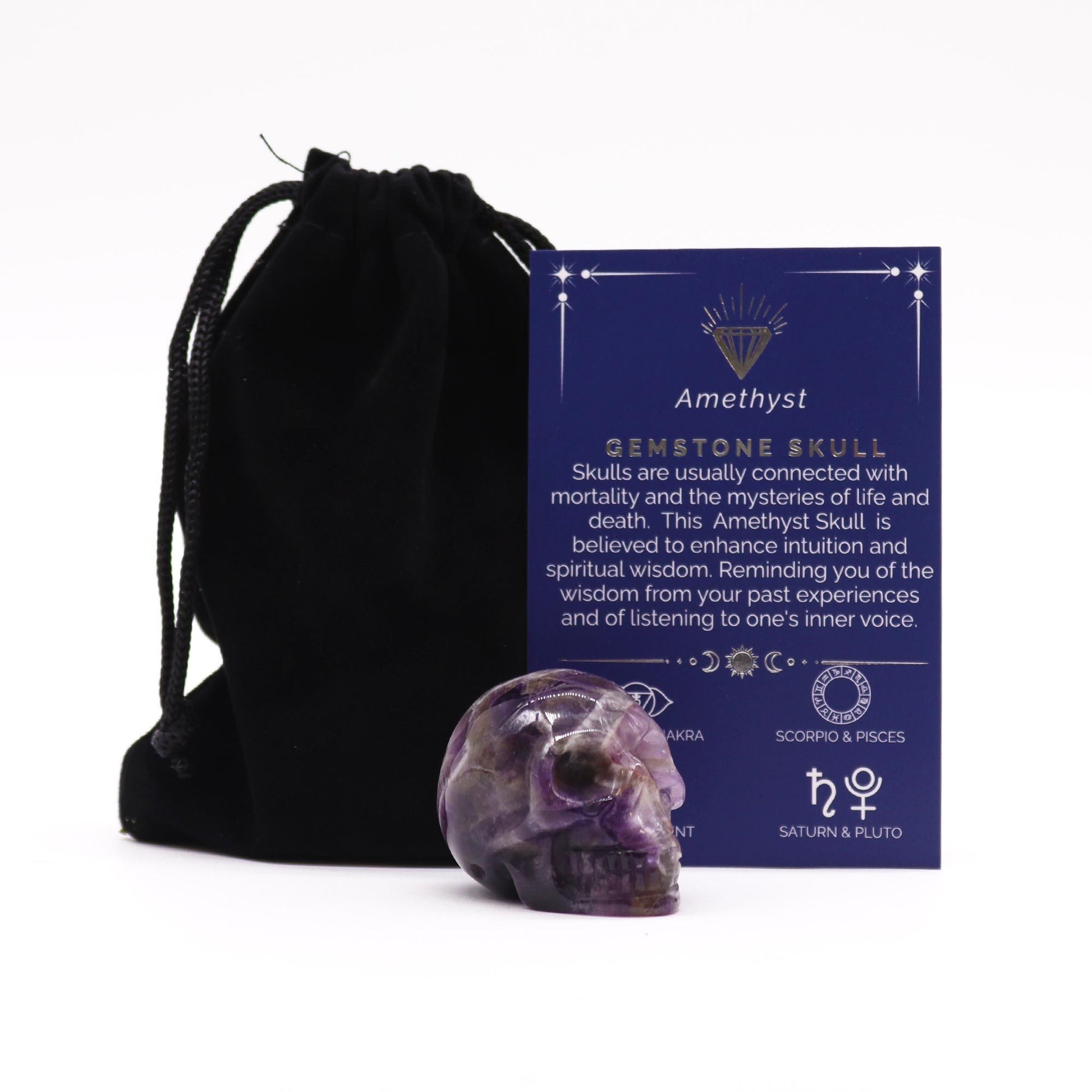 Gemstone Small Skull – hand-carved amethyst crystal skull figurine for spiritual décor and intuitive focus