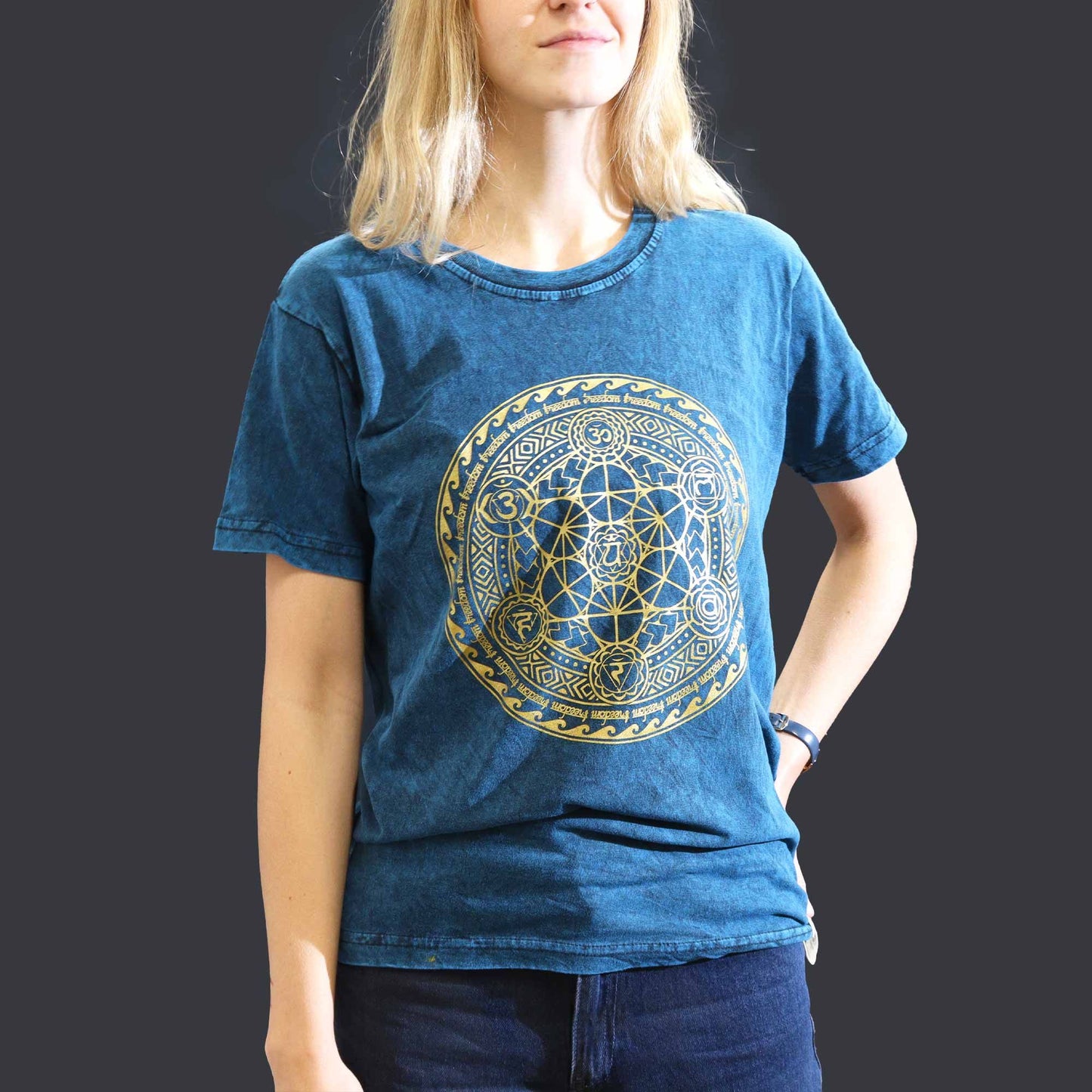 Small stone washed blue chakra spiritual t-shirt