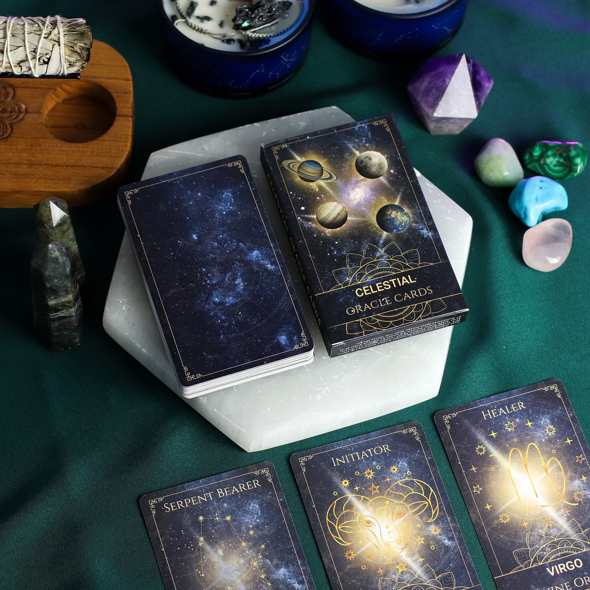Celestial Energy Atlas Oracle Cards Spiritual Deck, 40-card cosmic astrology oracle set with midnight and gold artwork for intuitive readings.