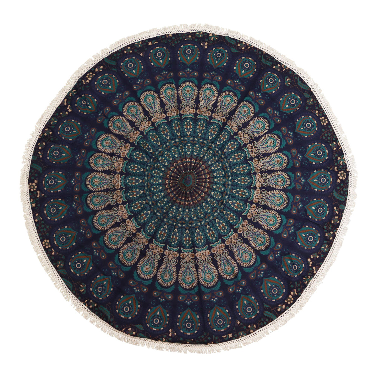Peacock Blues mandala roundie cotton art with blue teal and gold design 130cm UK