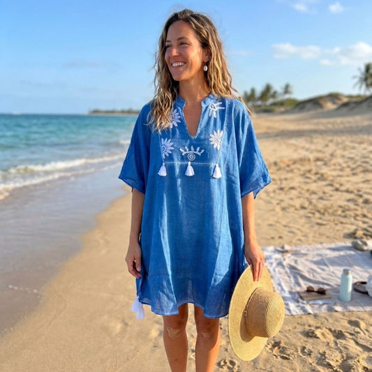 Blue Nomad Sari boho kaftan with cream embroidery and soft tassel detailing