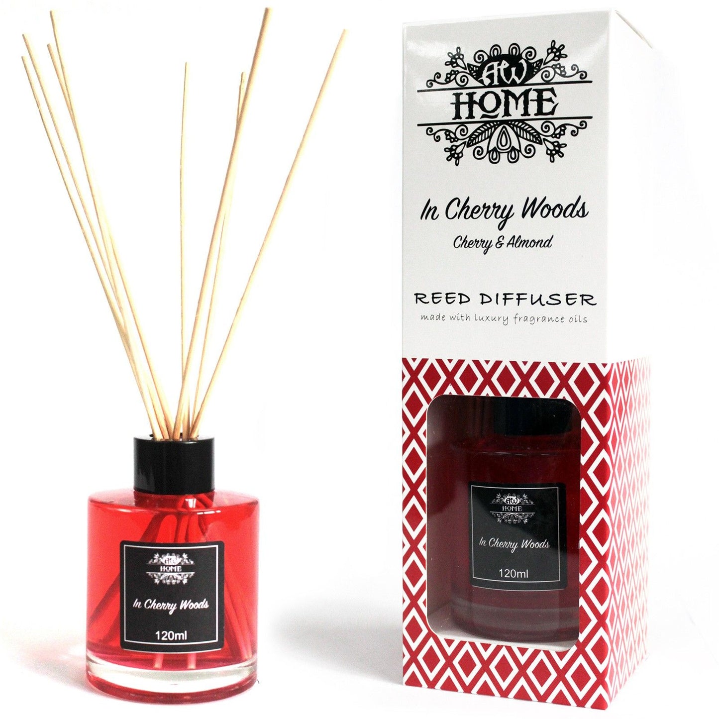 Cherry Woods reed diffuser 120ml with sweet cherry almond woody fragrance for cosy home scent