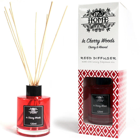 Cherry Woods reed diffuser 120ml with sweet cherry almond woody fragrance for cosy home scent