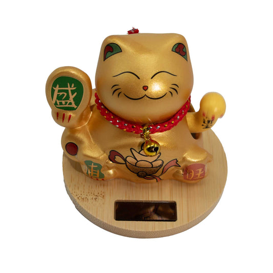 Solar money cat wooden base gold Maneki Neko moving hand for wealth and continuous prosperity