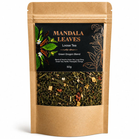 Green Dragon loose leaf green tea blend 50g kraft bag with pineapple, orange peel and blueberry