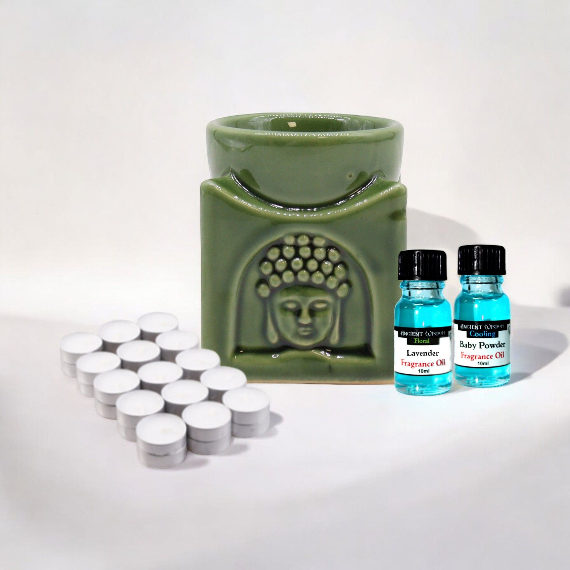 Oil burner kit with ceramic burner, fragrance oils and tealight candles for home aromatherapy