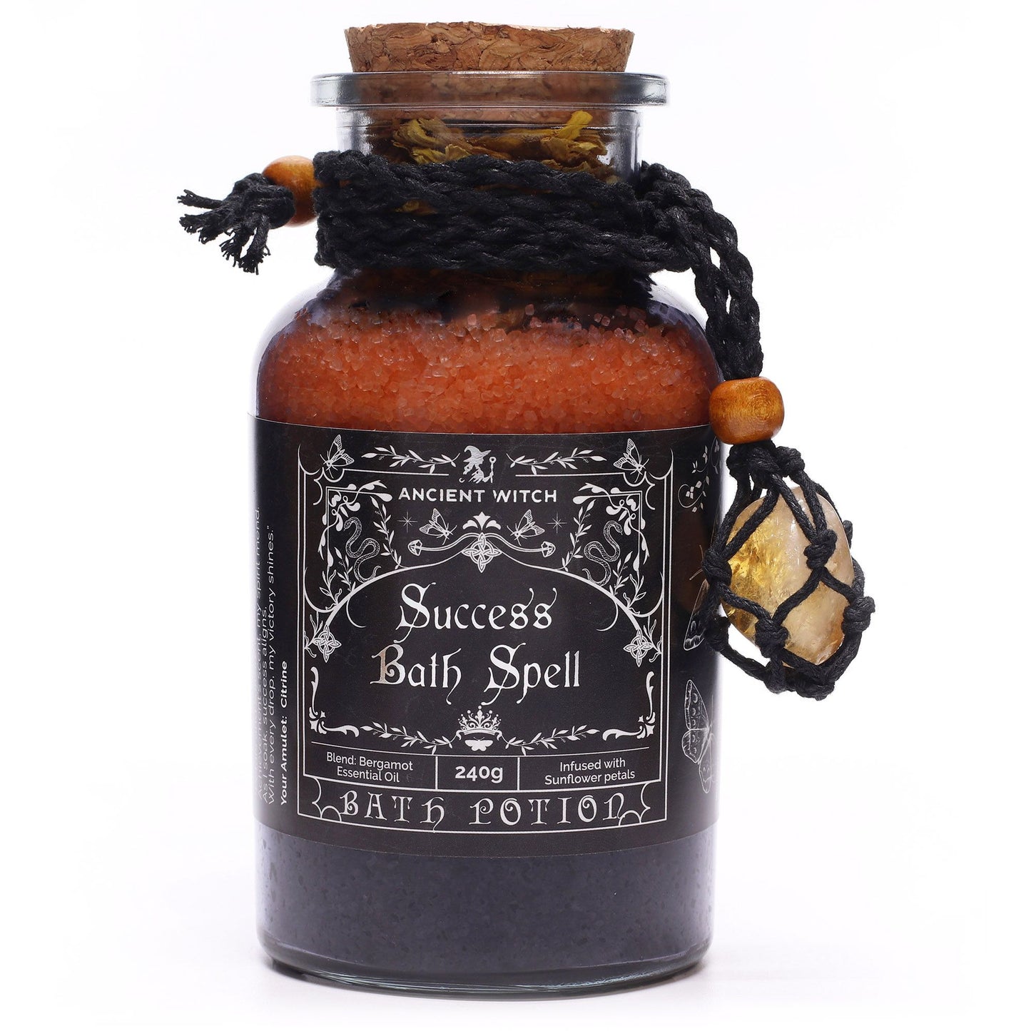 Ancient Witch Bath Spell Potion – citrus bergamot and golden botanical salts with citrine crystal amulet for motivation and success