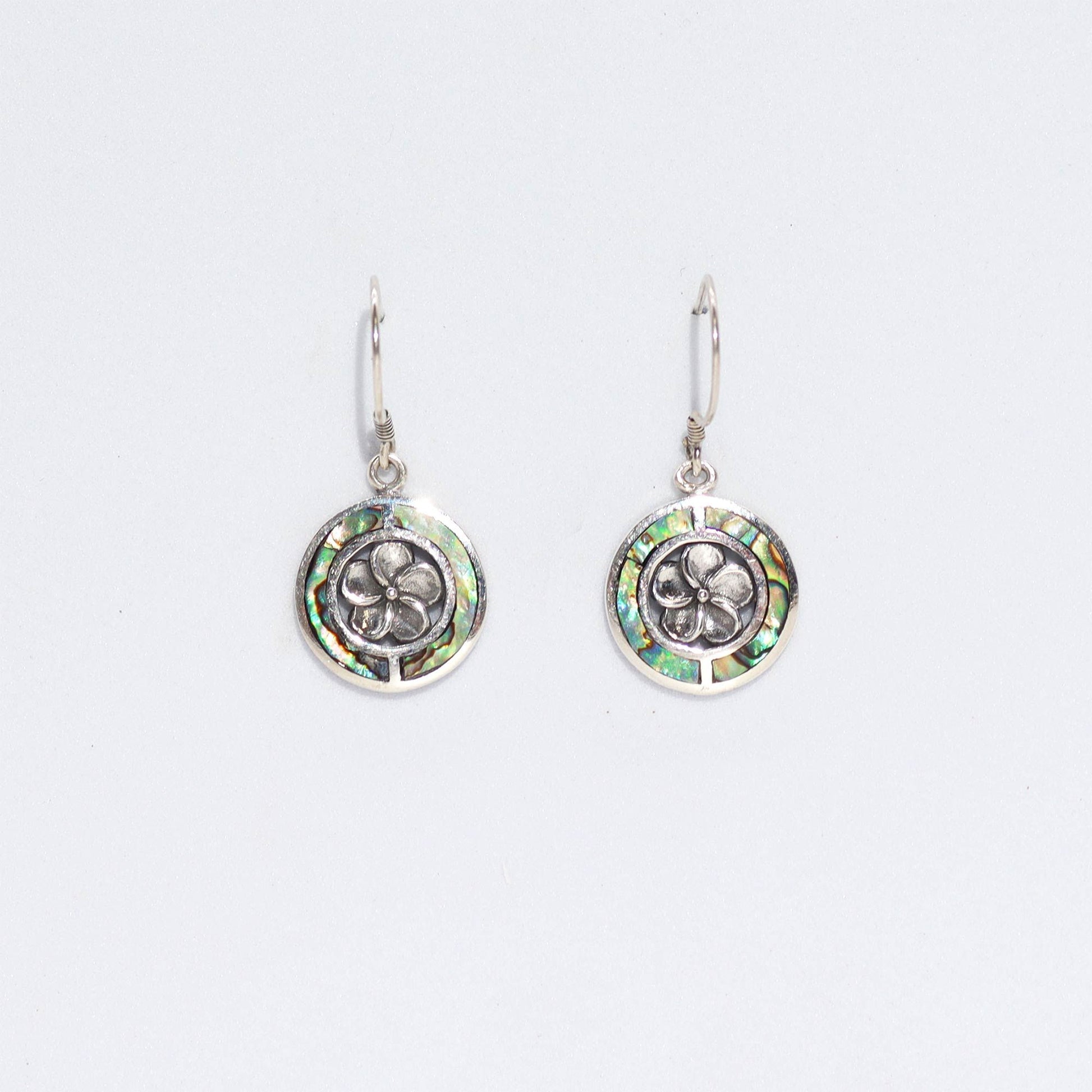 Shell & silver frangipani abalone earrings with iridescent floral inlay