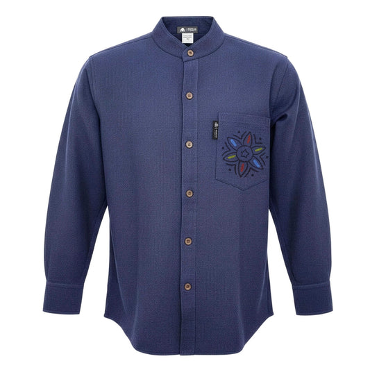 XL indigo Nomad Sari Kathmandu cotton shirt with long sleeves, collarless neckline and sari-inspired artisan patterning