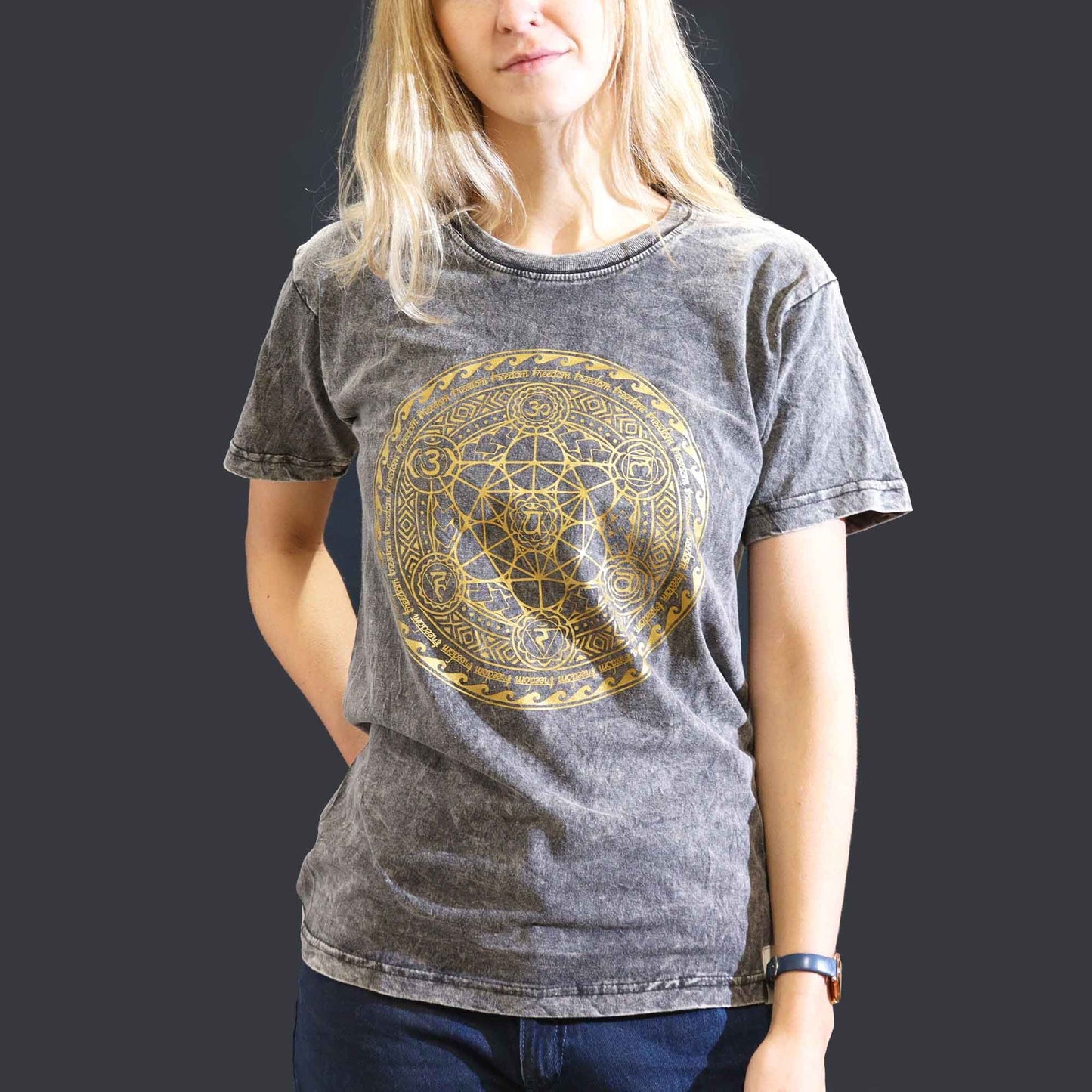 Small stone washed dark grey chakra spiritual t-shirt