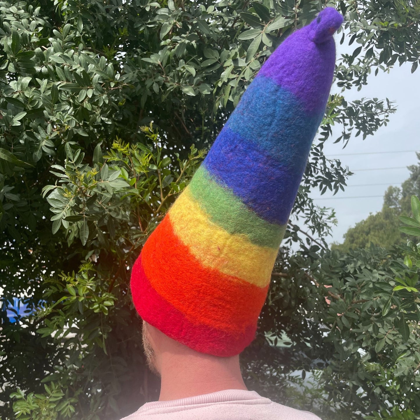Felted Sauna Wizard Hat with subtle rainbow detailing in felted wool