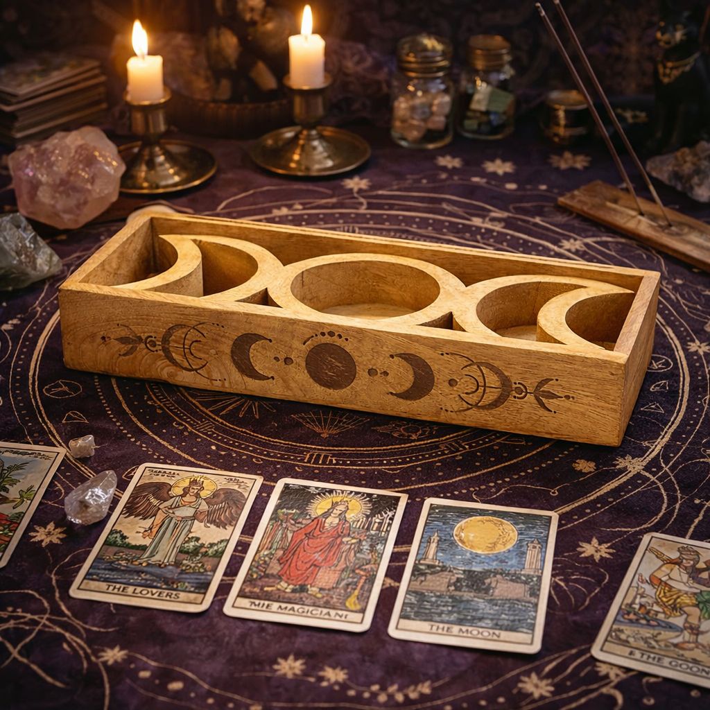 Moon phase mango wood tarot tray with divided storage compartments and integrated upright card holder
