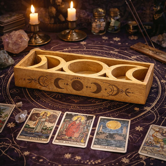 Moon phase mango wood tarot tray with divided storage compartments and integrated upright card holder